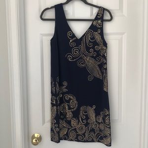 Trina Turk Navy and Gold beaded cocktail dress